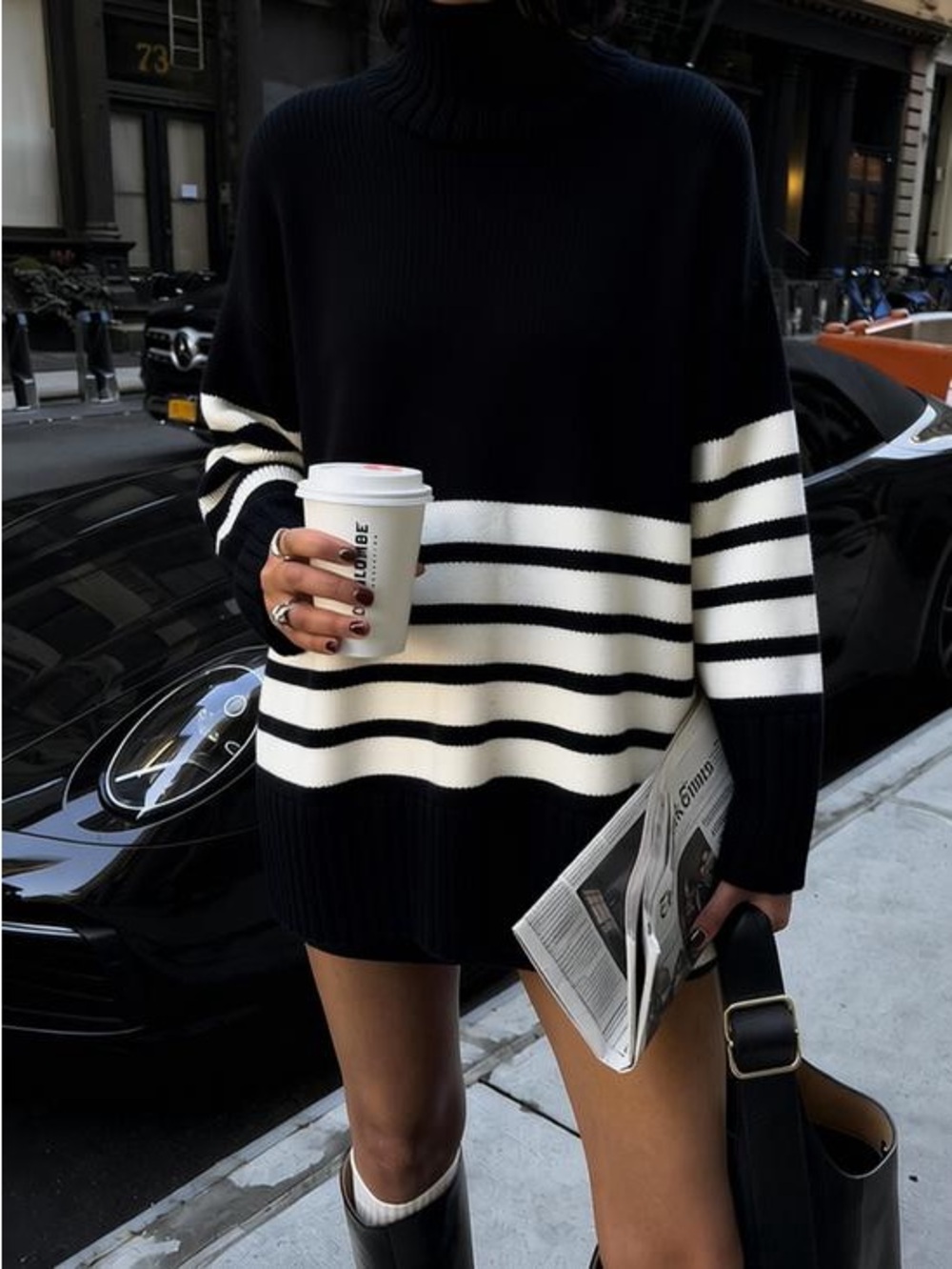 Commense Cream and Black Striped Turtleneck Sweater